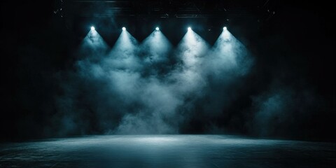 A dramatic stage setup with fog and lighting, perfect for theatrical productions, concerts, or promotional materials for events. Evokes a sense of anticipation.