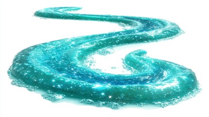 Obraz premium Abstract image of a swirling, glittering teal stream on a white background. The stream is luminous and textured, resembling water or light. The