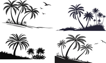 Fototapeta premium Tropical Silhouette Designs Featuring Palm Trees and Birds in Coastal Settings
