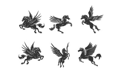 Vector Silhouettes of Mythical Pegasus Horses Portrayed in Different Dynamic Poses