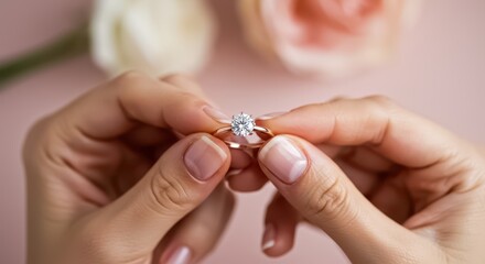 Fototapeta premium A close-up of a woman hands holding a sparkling diamond ring with a round cut stone against a soft pink background