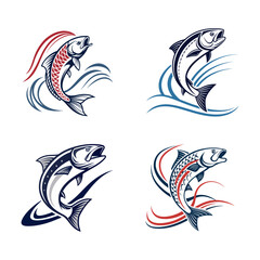 Stylized Vector Illustrations of Jumping Fish with Aquatic Swirling Patterns
