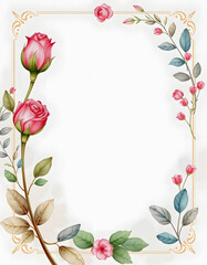 Vintage Card, Watercolor wedding invitation design with pink rose, bud and leaves. wild flower, background with floral elements for text, watercolor background. Template. frame, with white tones