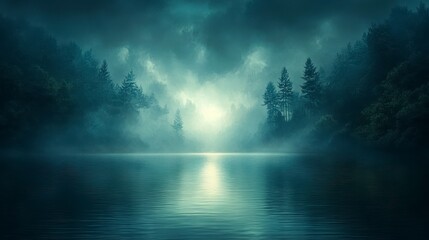 Naklejka premium Dark teal and blue night scene, misty lake reflecting a bright moon, silhouetted pine trees on both shores, ethereal glow, mysterious atmosphere