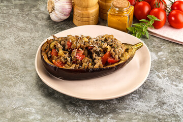Baked eggplant stuffed meat and tomato