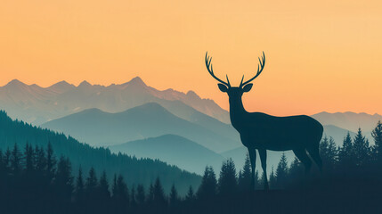 majestic deer stands silhouetted against serene mountain landscape at sunset