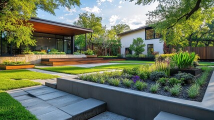Modern home's landscaped backyard with lush greenery and stone pathways. Showcase luxurious outdoor living spaces and contemporary garden design.