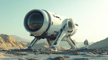 Futuristic spacecraft on a desolate planet with astronaut standing nearby under a clear sky