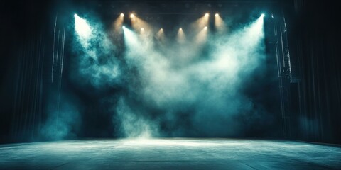 A dramatic stage scene with fog and lighting, perfect for theater promotions, music events, or dance performances.