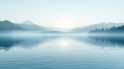Serene sunrise over a calm lake, mist clinging to distant mountains. Pale blue and grey tones dominate the tranquil scene, reflecting on the still