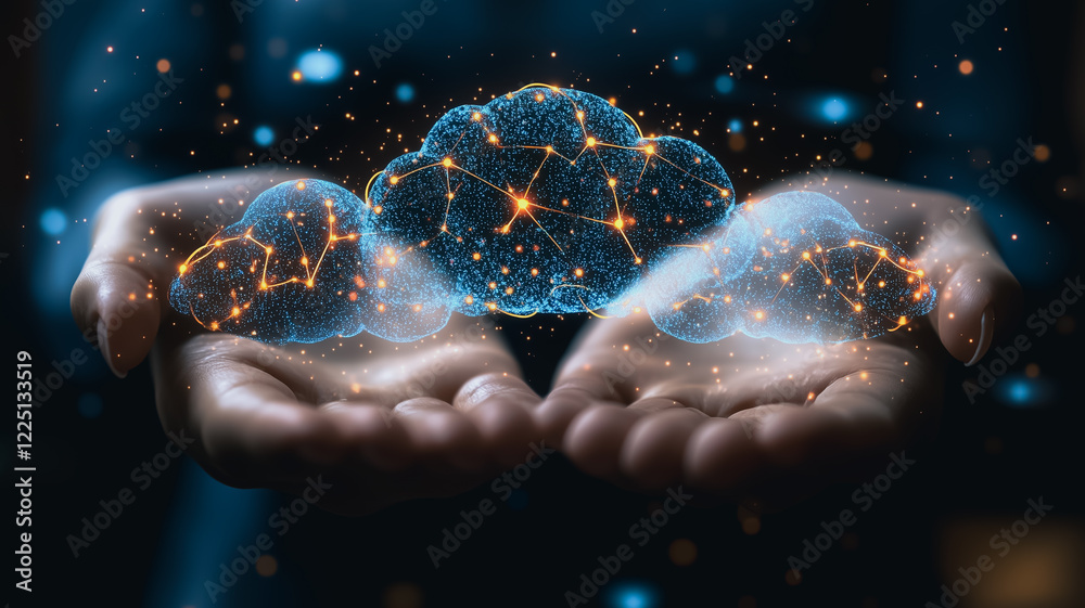 Poster cloud computing power: a futuristic concept of hands gently cradling a glowing cloud with connected 