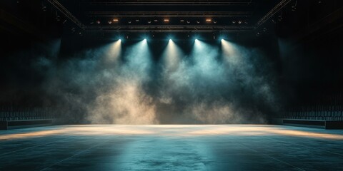 A dramatic stage scene with spotlight effects and smoke, ideal for promoting theatrical performances, concerts, or events.