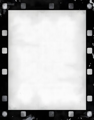 Obraz premium Grunge empty film background frame with vignette border. Dirty distressed black and white vintage 8k 16:9 weathered old texture with copy space. Retro analog overlay template or backdrop 3D renderin