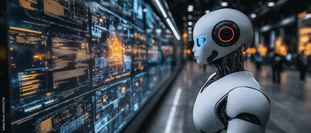 Poster ai's algorithmic gaze: a humanoid robot, standing in a futuristic setting, observes an immense wall 