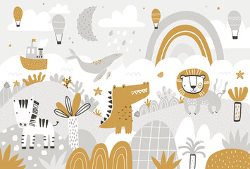  Vector illustration of cute African animals, ocean, whale and ship, balloons and plants. Mountain landscape, clouds and rainbow. Kids tropical wallpaper. Jungle, children's room design, wall decor.
