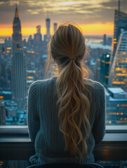 Woman with long blonde hair in ponytail, sitting by window overlooking cityscape at sunset. 