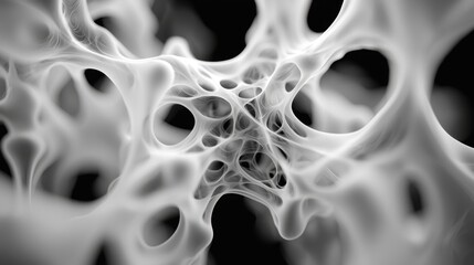 Abstract white organic pattern with intricate, swirling holes on a black background