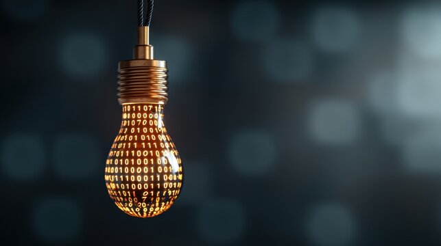 Light bulb with binary code pattern against a dark, blurred background