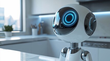 Futuristic robot with blue glowing eye stands in a bright modern kitchen setting
