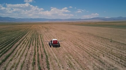 Naklejka premium Agricultural drone working in field with mountains and sky on background under blue sky