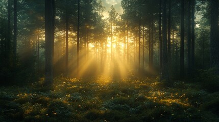 Naklejka premium Sunbeams Dance Through Misty Forest