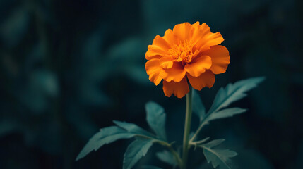 Beautiful orange marigold flower blooming against a dark green background