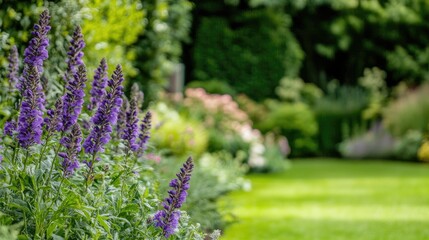 Obraz premium Close-up of purple Margaret flowers in full bloom, set against a lush green garden background