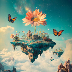 pieces of the continent and flowers growing on them fly across the sky among the clouds, a surreal picture