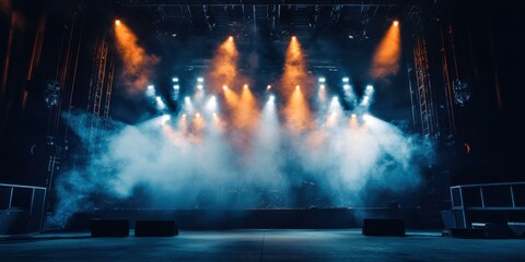 A dramatic stage setup with vibrant lighting and fog, perfect for promoting concerts, music festivals, and live performances. © Stockberry