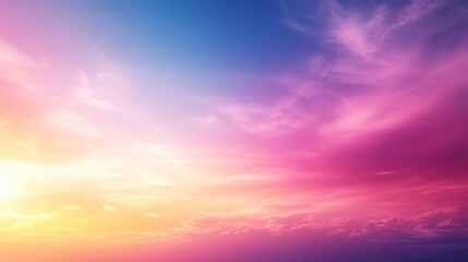 Obraz premium Vibrant sunset sky with pastel hues of pink, purple, orange, and yellow. Soft clouds create a dreamy atmosphere. The sun is partially visible, adding