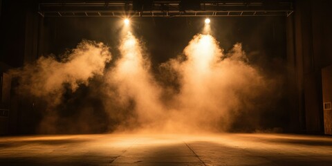 A dramatic scene featuring illuminated fog on a stage, perfect for theatrical promotions, event advertising, or music performances.