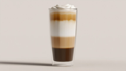 Layers of creamy coffee beverage served in a tall glass against a neutral background