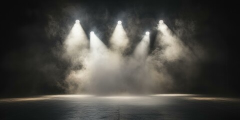 A dramatic scene featuring stage lights illuminating a foggy stage, perfect for promoting events, concerts, or theatrical productions.