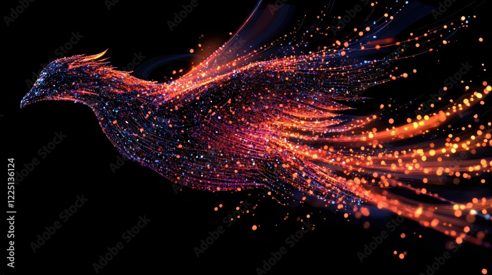 Wall mural abstract glowing bird shape made of particles on a black background with flowing lines