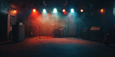 A vibrant music stage setup with instruments and lighting, perfect for promoting concerts, music events, or nightlife experiences.
