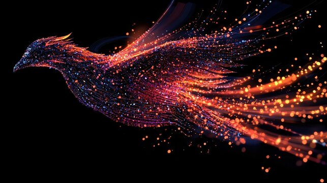 Abstract glowing bird shape made of particles on a black background with flowing lines