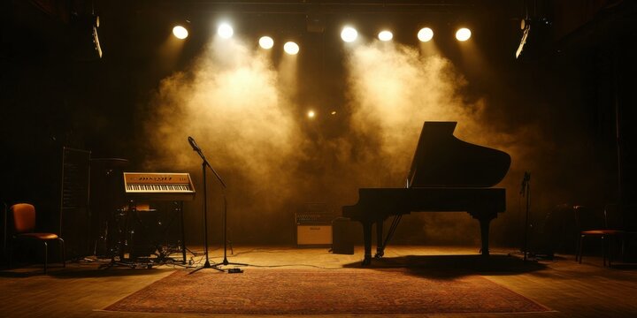 A dramatic stage setup featuring a grand piano, keyboard, and microphone, ideal for promoting music events, concerts, or artistic performances.