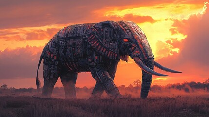 Fototapeta premium Mechanical elephant walking under a vibrant sunset sky with orange and red hues in a field