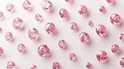 Scattered pink diamonds on a white background, various sizes and facets create a luxurious and elegant feel. High key lighting enhances the sparkle