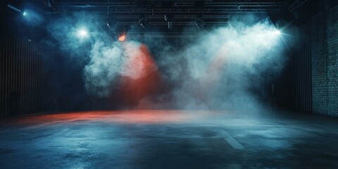 A dramatic stage scene with colorful fog and lighting, ideal for promoting concerts, theater productions, or dance performances.