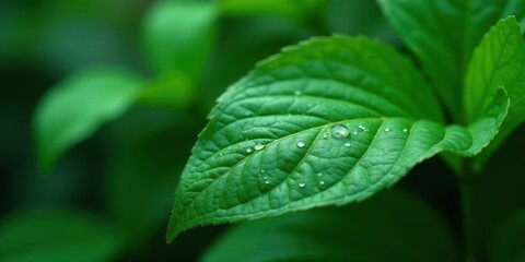 Vibrant Green Leaf with Morning Dew Drops, a Close-Up Macro Shot Showing Intricate Details of Nature's Beauty