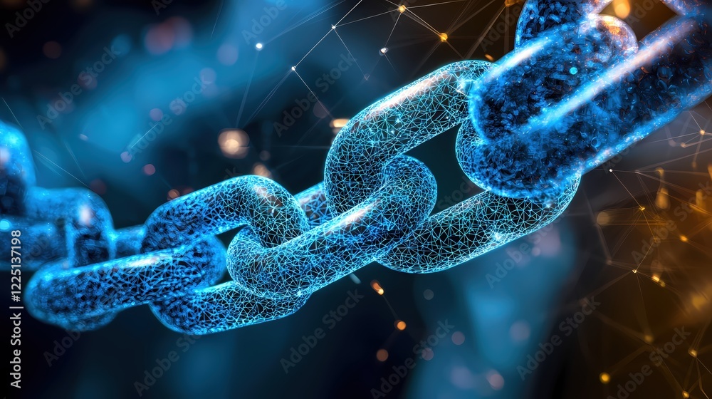 Poster digital chain link network connection with glowing nodes and lines on dark background