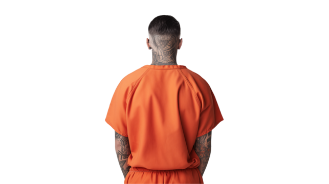 Rear View of Tattooed Prisoner in Orange Jumpsuit