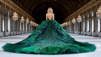 Fototapeta premium Grand hall elegance: woman in stunning green gown with dramatic train