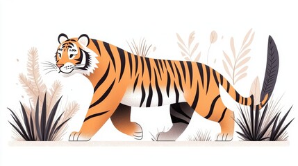 Fototapeta premium Vibrant Illustrated Tiger Walking Through A Lush Tropical Landscape with Stylized Plants