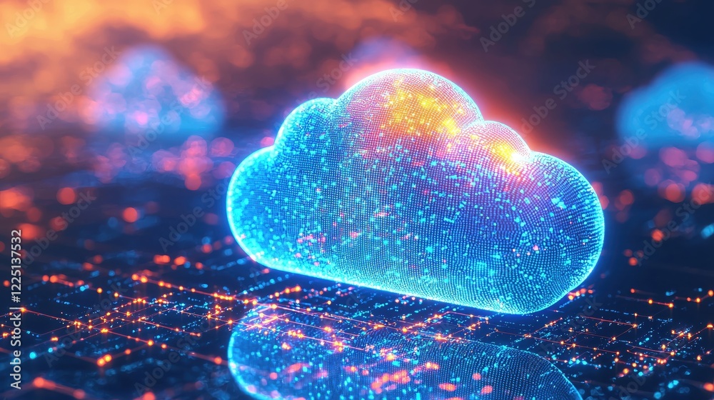 Poster digital cloud computing network with glowing data points and abstract sky background