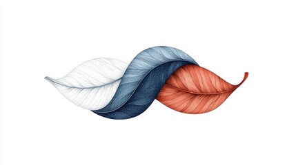 Elegant Curved Leaves in White, Blue, and Orange Colors on a Clean White Background