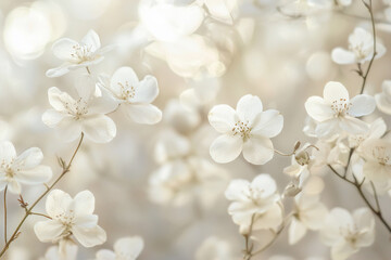 Delicate white blossoms in soft focus create a serene atmosphere, perfect for nature-themed projects