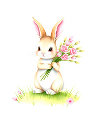 Obraz premium Watercolor vintage Easter little bunny rabbit holding bouquet with willows on green lawn isolated on white background. Watercolor hand drawn illustration sketch, simple style