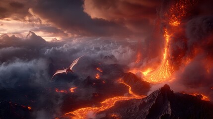 Fiery volcano eruption and dragon amidst clouds and lava landscape